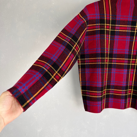 Tahari size L high neck long sleeve knit sweater red yellow black blue plaid NWT - Picture 5 of 9